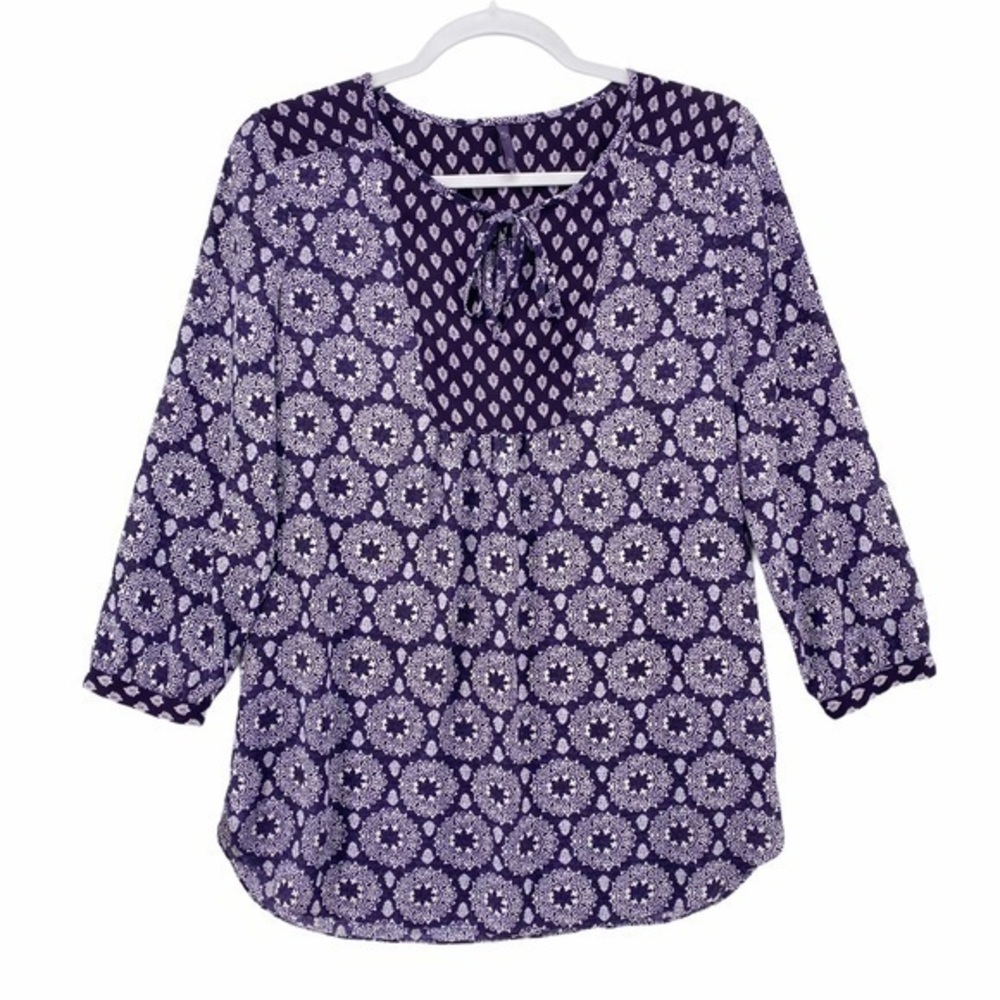 NYDJ Printed Chiffon Tie Neck 3/4 Sleeve Tunic